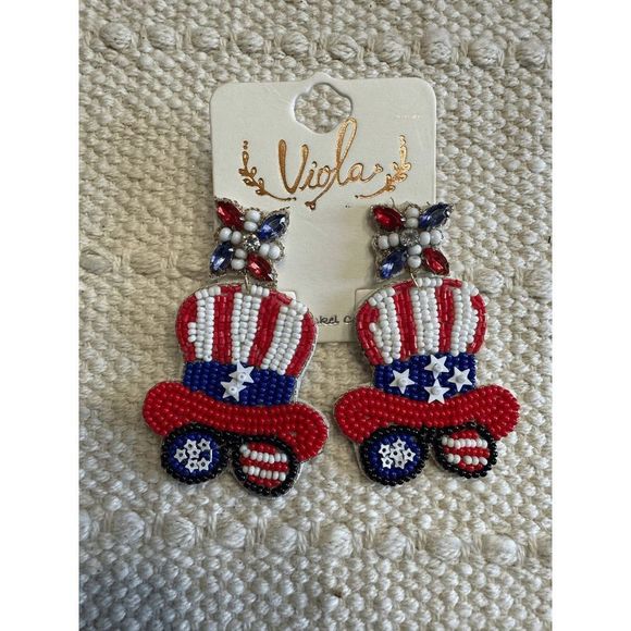 PATRIOTIC HAT AND GLASSES SEED BEAD EARRINGS - Picture 2 of 4